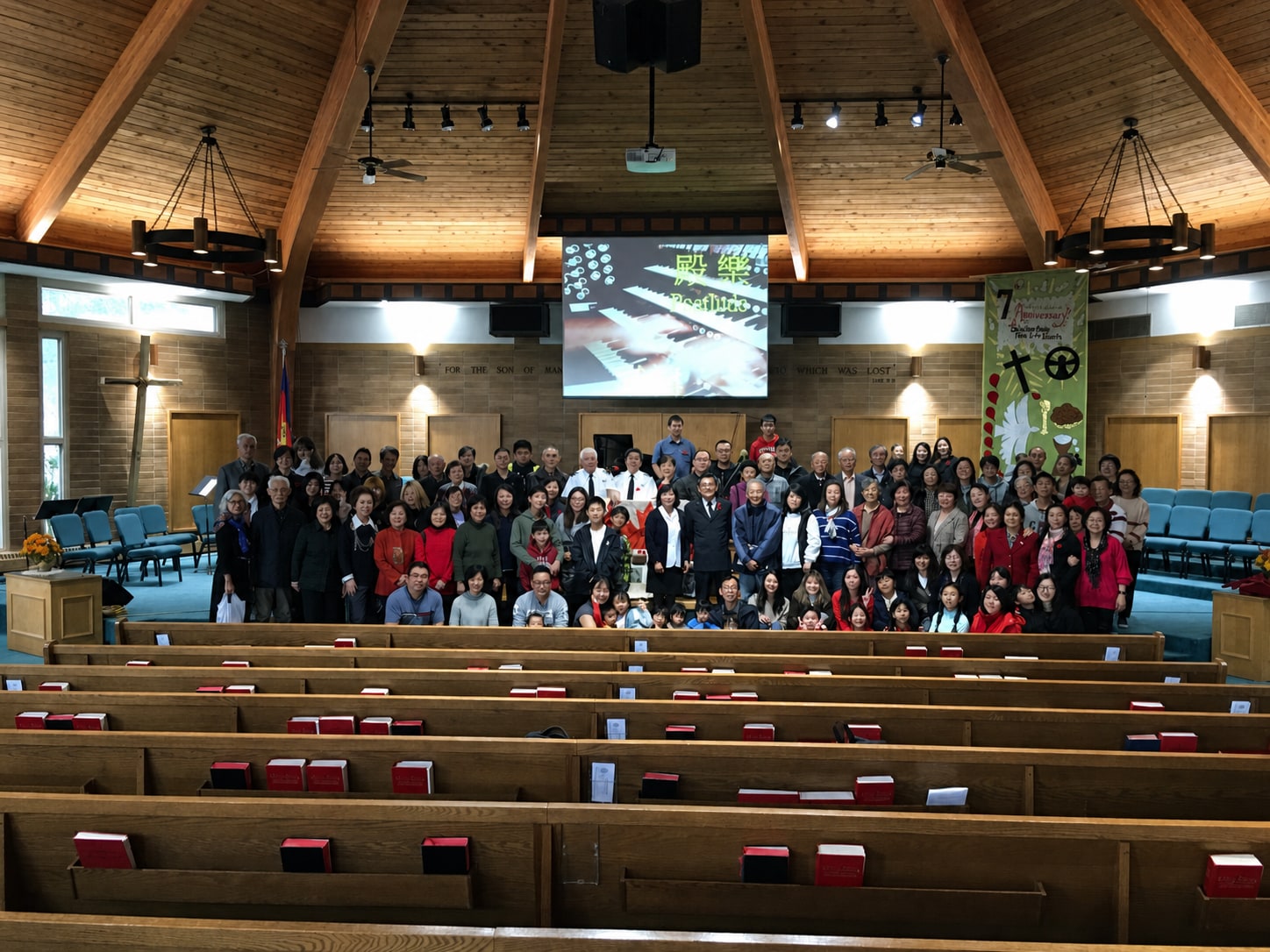 Salvation Army New Life Church congregation gathered for a seventh-anniversary group portrait